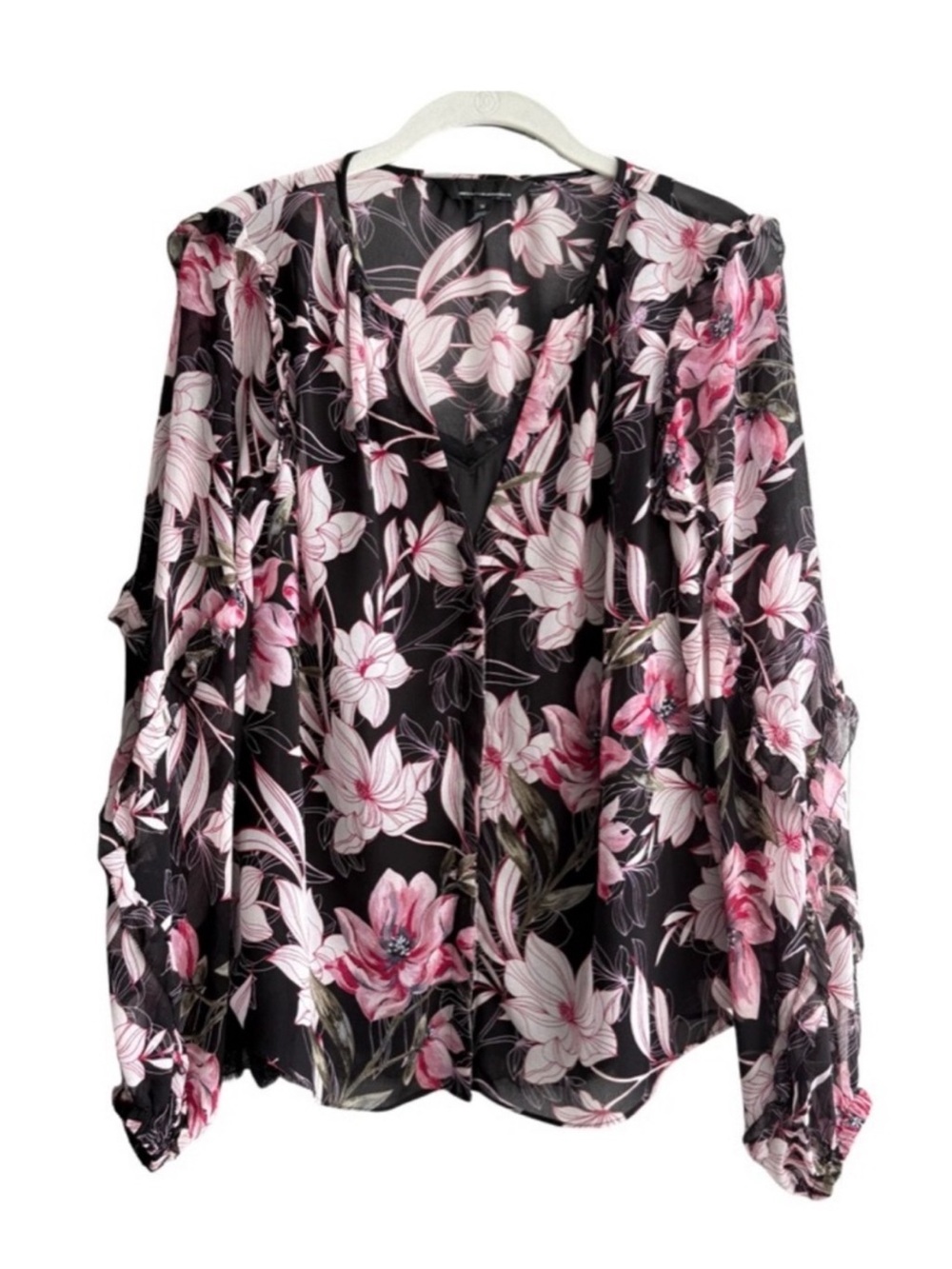 WHBM Long Sleeve Blouse Sheer with a solid camisole Floral Black Pink Size M